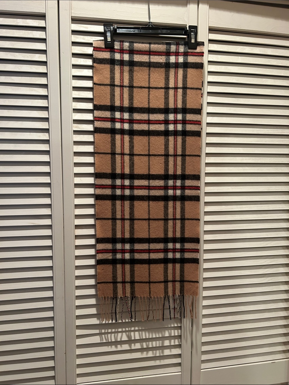 Lyle & Scott Tan Plaid Scarf with Black, White & Red Stripes
